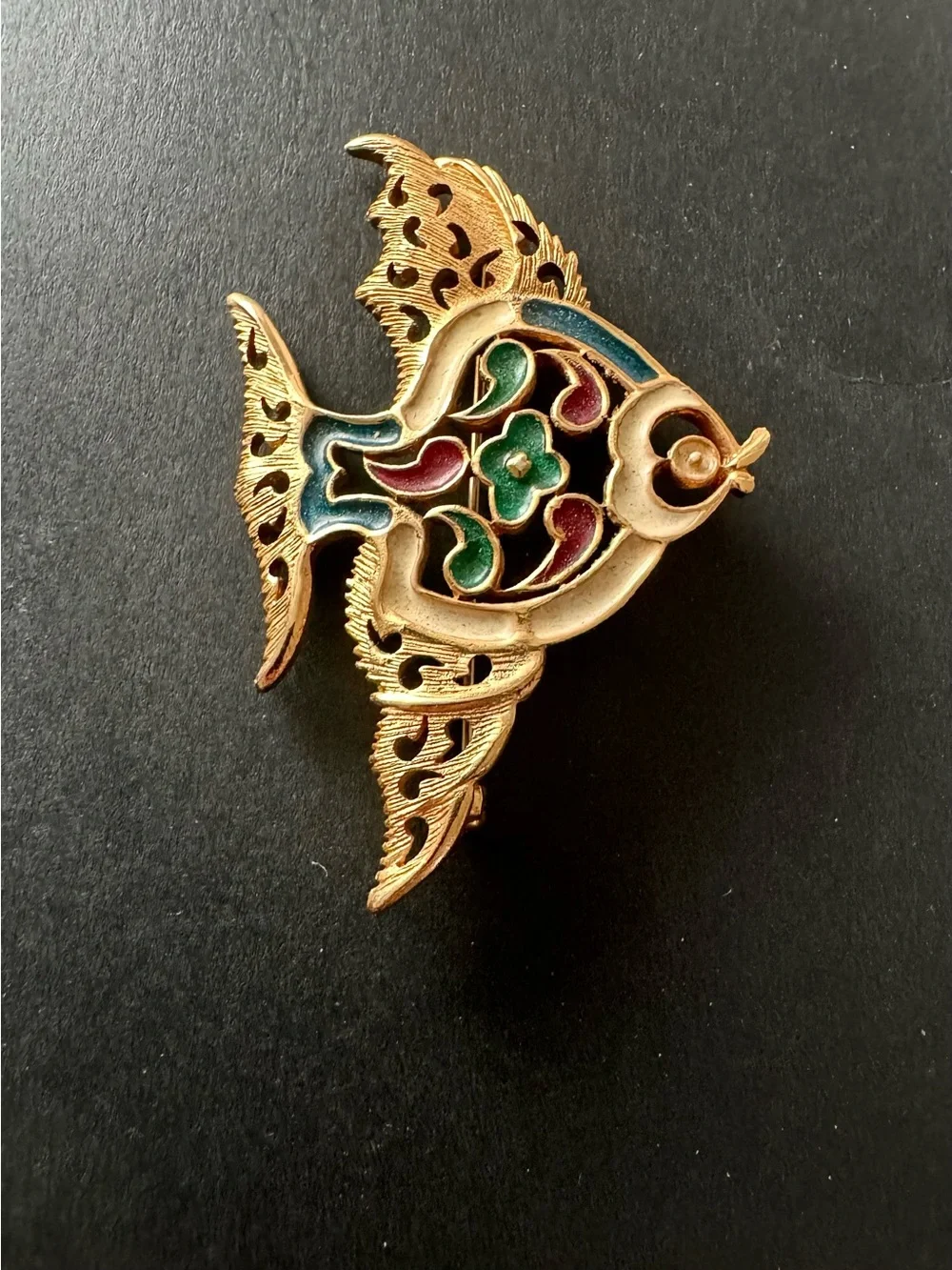 Vintage Cloisonné Style Fish Brooch Gold Tone Enamel Colorful Openwork